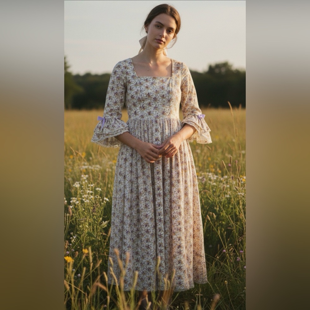 Vintage Handmade Floral Midi Dress with Purple Accents